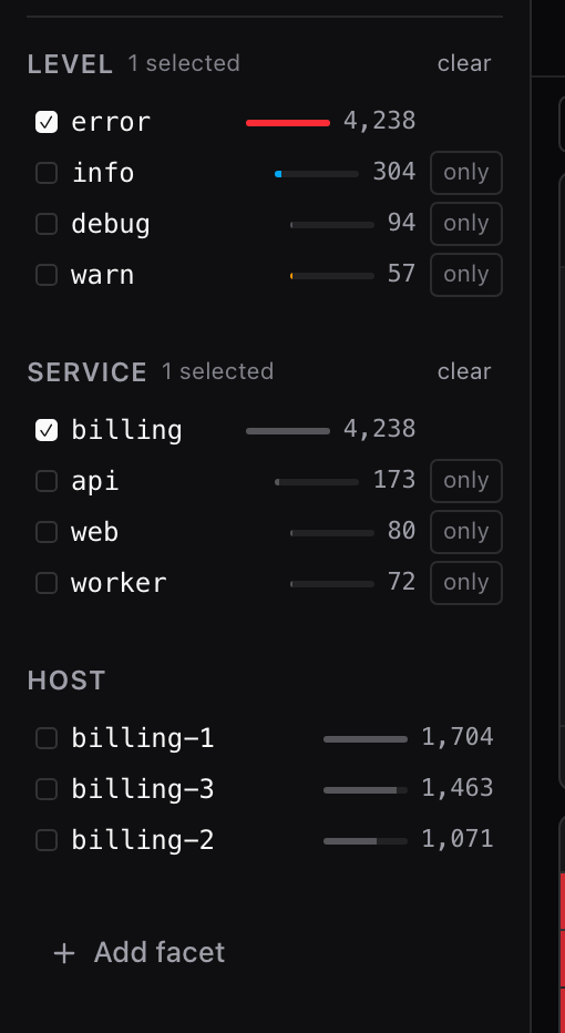 Filters showing how many events match each value before you click