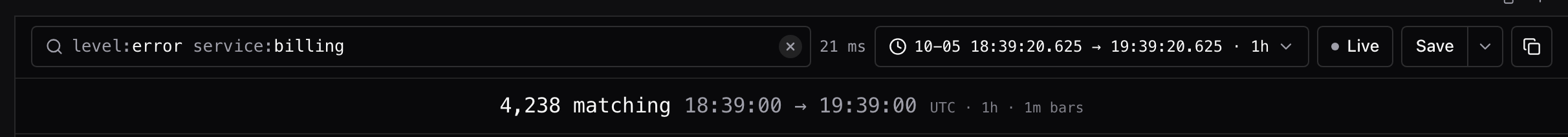 The search bar with a match count and time range